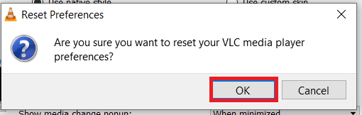 Menu Preferenze VLC - Ripristina preferenze