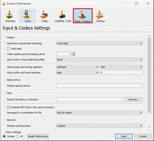 VLC Tools Preferences -valikko Input-välilehti