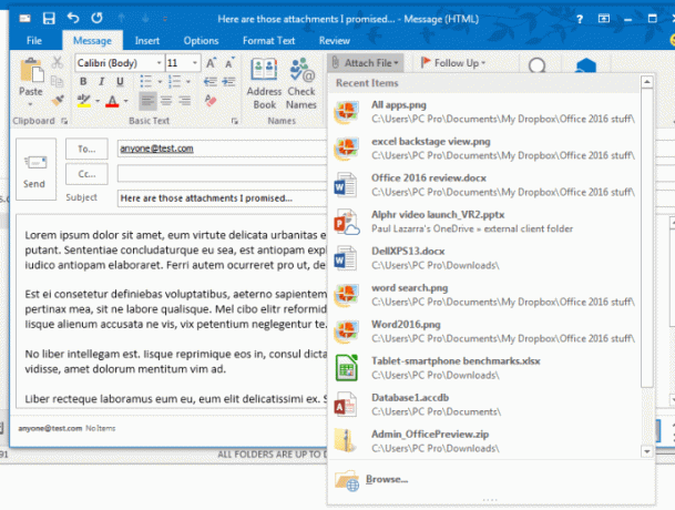 Office 2016 검토 - Outlook 삽입 파일